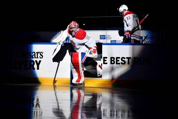 Goaltender Carey Price of the Montreal Canadiens takes the ice to play in the third period of Game One of the 2021 Stanley Cup Final against the...