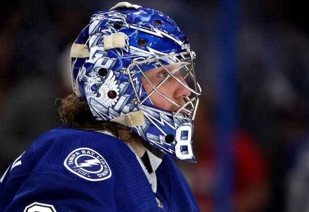 Goaltender Andrei Vasilevskiy of the Tampa Bay Lightning looks on while playing against the Montreal Canadiens in Game One of the 2021 Stanley Cup...