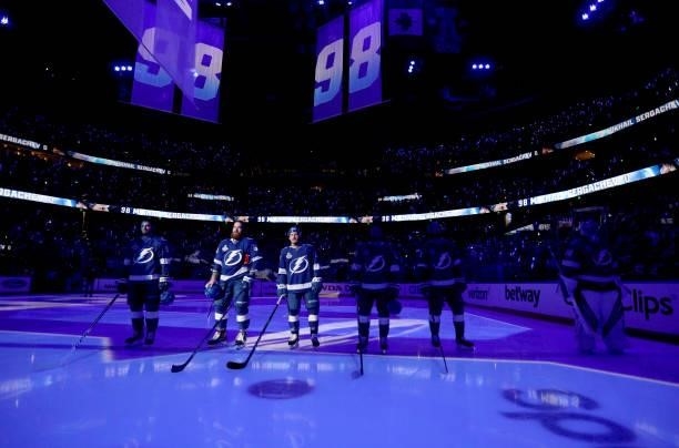 The Tampa Bay Lightning line up on the blue line during pregame for Game One of the 2021 Stanley Cup Final against the Montreal Canadiens at Amalie...