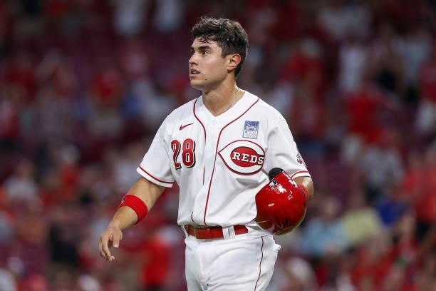 Alejo Lopez of the Cincinnati Reds walks across the field in the seventh inning against the Philadelphia Phillies at Great American Ball Park on June...