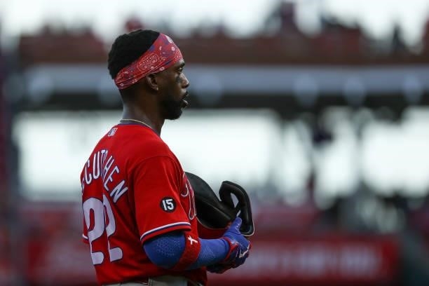 Andrew McCutchen of the Philadelphia Phillies looks on from third base in the fifth inning against the Cincinnati Reds at Great American Ball Park on...