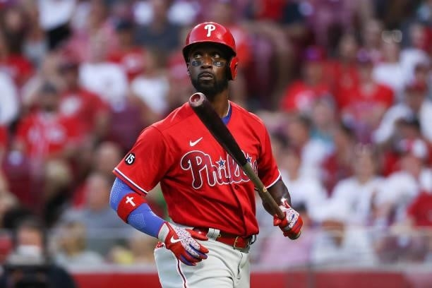 Andrew McCutchen of the Philadelphia Phillies walks back to the dugout after striking out in the seventh inning against the Cincinnati Reds at Great...