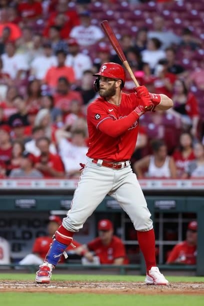 Bryce Harper of the Philadelphia Phillies bats in the seventh inning against the Cincinnati Reds at Great American Ball Park on June 28, 2021 in...