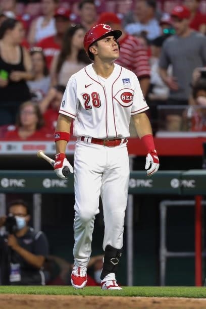 Alejo Lopez of the Cincinnati Reds walks across the field in the seventh inning against the Philadelphia Phillies at Great American Ball Park on June...