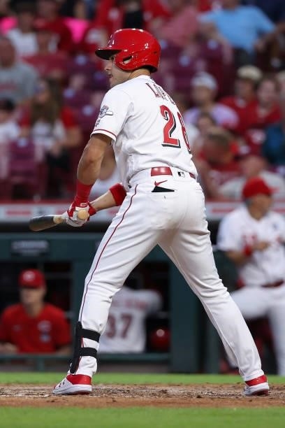 Alejo Lopez of the Cincinnati Reds bats in the first inning against the Philadelphia Phillies at Great American Ball Park on June 28, 2021 in...