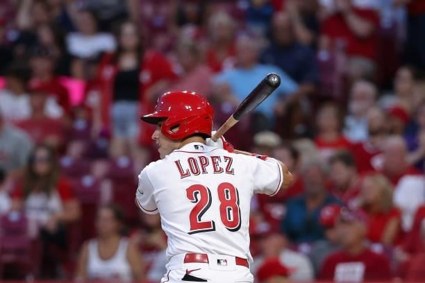 Alejo Lopez of the Cincinnati Reds bats in the first inning against the Philadelphia Phillies at Great American Ball Park on June 28, 2021 in...