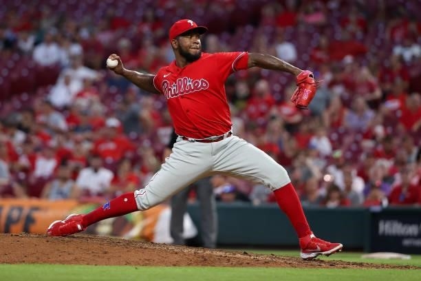 Neftali Feliz of the Philadelphia Phillies pitches in the seventh inning against the Cincinnati Reds at Great American Ball Park on June 28, 2021 in...