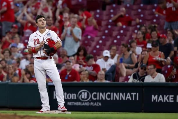 Alejo Lopez of the Cincinnati Reds looks on from first base in the seventh inning against the Philadelphia Phillies at Great American Ball Park on...