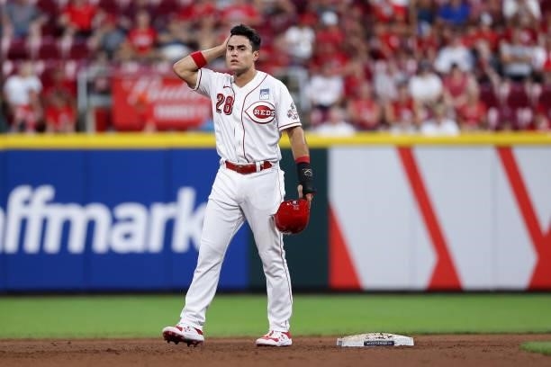Alejo Lopez of the Cincinnati Reds looks on from second base in the seventh inning against the Philadelphia Phillies at Great American Ball Park on...