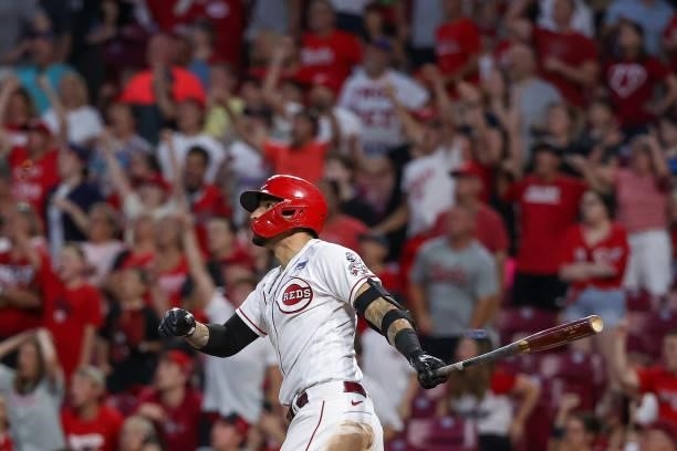 Nick Castellanos of the Cincinnati Reds hits a grand slam in the seventh inning against the Philadelphia Phillies at Great American Ball Park on June...