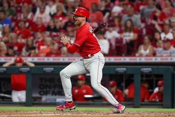 Brad Miller of the Philadelphia Phillies grounds out in the eighth inning against the Cincinnati Reds at Great American Ball Park on June 28, 2021 in...