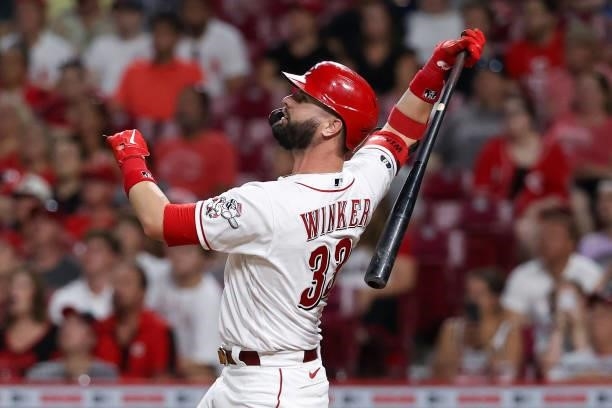 Jesse Winker of the Cincinnati Reds flies out in the eighth inning against the Philadelphia Phillies at Great American Ball Park on June 28, 2021 in...