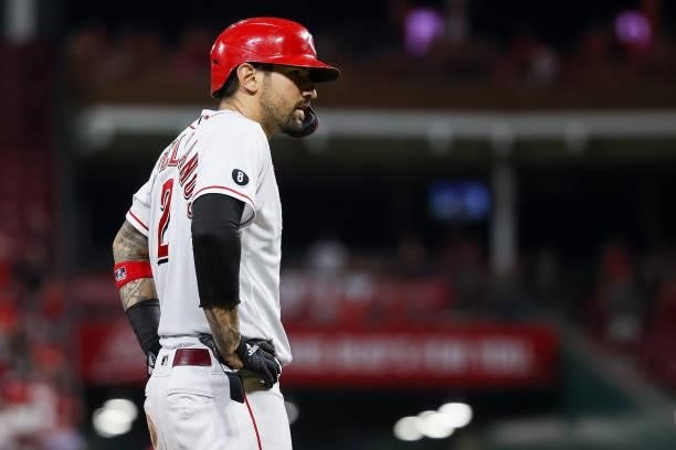 Nick Castellanos of the Cincinnati Reds looks on from third base in the eighth inning against the Philadelphia Phillies at Great American Ball Park...