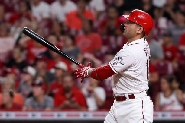 Joey Votto of the Cincinnati Reds hits a home run in the eighth inning against the Philadelphia Phillies at Great American Ball Park on June 28, 2021...