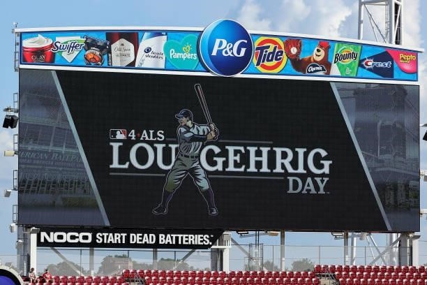 General view of signage in honor of Lou Gehrig Day before the game between the Philadelphia Phillies and Cincinnati Reds at Great American Ball Park...