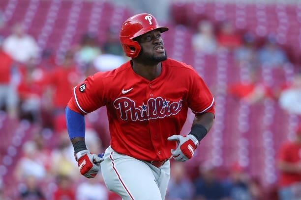 Odubel Herrera of the Philadelphia Phillies hits a double in the first inning against the Cincinnati Reds at Great American Ball Park on June 28,...