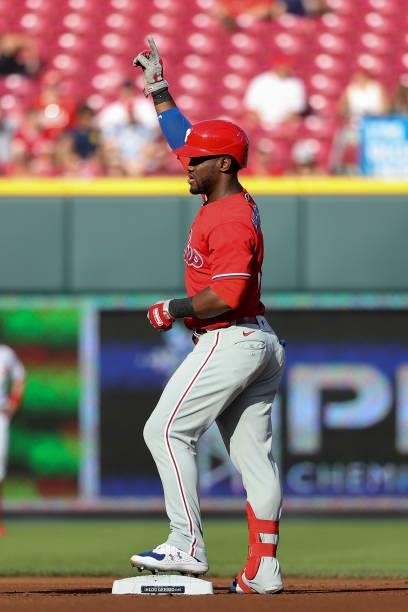 Odubel Herrera of the Philadelphia Phillies celebrates after hitting a double in the first inning against the Cincinnati Reds at Great American Ball...