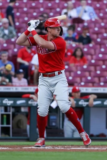 Rhys Hoskins of the Philadelphia Phillies bats in the first inning against the Cincinnati Reds at Great American Ball Park on June 28, 2021 in...