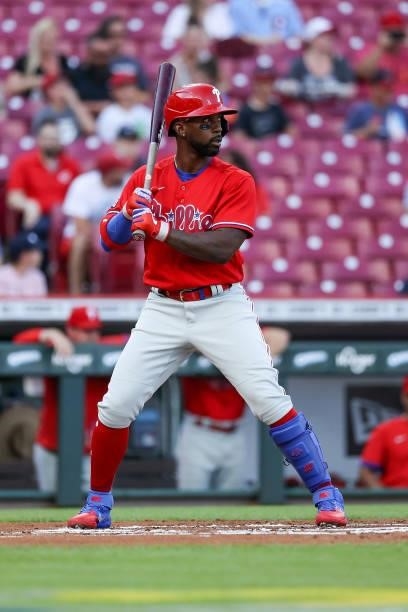 Andrew McCutchen of the Philadelphia Phillies bats in the first inning against the Cincinnati Reds at Great American Ball Park on June 28, 2021 in...