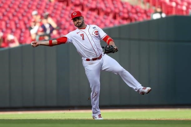 Eugenio Suarez of the Cincinnati Reds throws to first base in the second inning against the Philadelphia Phillies at Great American Ball Park on June...