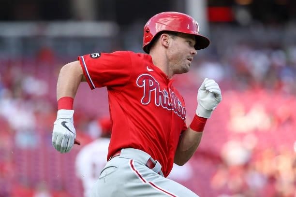 Andrew Knapp of the Philadelphia Phillies hits a double in the second inning against the Cincinnati Reds at Great American Ball Park on June 28, 2021...