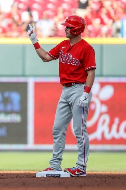 Andrew Knapp of the Philadelphia Phillies celebrates after hitting a double in the second inning against the Cincinnati Reds at Great American Ball...