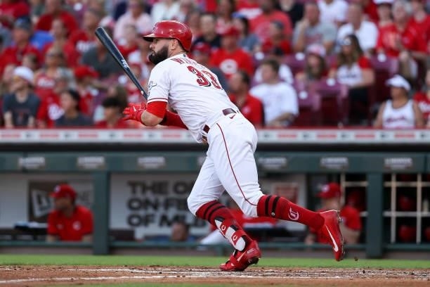 Jesse Winker of the Cincinnati Reds hits a double in the third inning against the Philadelphia Phillies at Great American Ball Park on June 28, 2021...