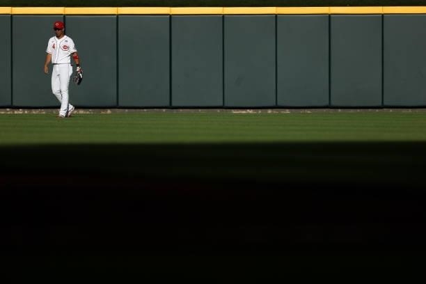 Shogo Akiyama of the Cincinnati Reds walks across the field in the second inning against the Philadelphia Phillies at Great American Ball Park on...