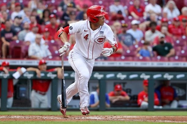 Shogo Akiyama of the Cincinnati Reds grounds out in the second inning against the Philadelphia Phillies at Great American Ball Park on June 28, 2021...