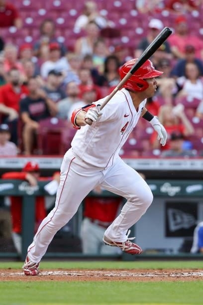 Shogo Akiyama of the Cincinnati Reds grounds out in the second inning against the Philadelphia Phillies at Great American Ball Park on June 28, 2021...