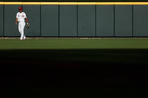 Shogo Akiyama of the Cincinnati Reds walks across the field in the second inning against the Philadelphia Phillies at Great American Ball Park on...