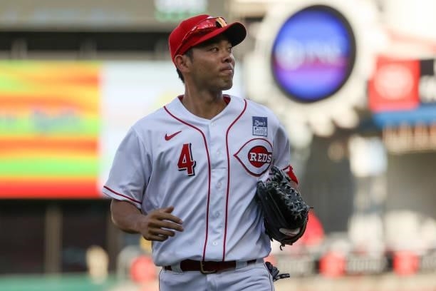 Shogo Akiyama of the Cincinnati Reds jogs across the field in the first inning against the Philadelphia Phillies at Great American Ball Park on June...