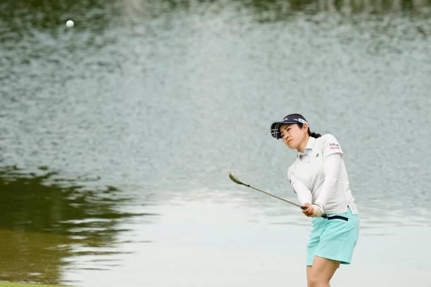 Sumika Nakasone of Japan chips onto the 18th green during the first round of the Sky Ladies ABC Cup at the ABC Golf Club on June 29, 2021 in Kato,...
