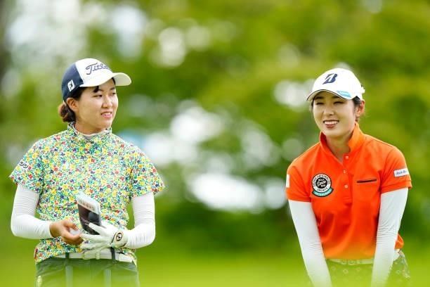Ayano Nitta and Mei Takagi of Japan talk during the first round of the Sky Ladies ABC Cup at the ABC Golf Club on June 29, 2021 in Kato, Hyogo, Japan.