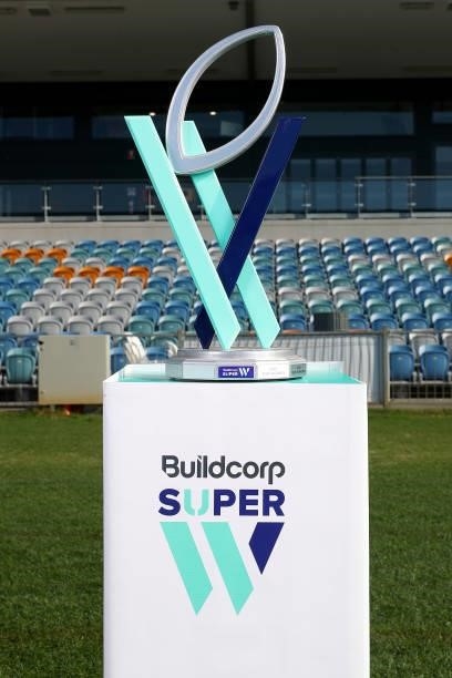 The trophy is seen during the 2021 Super W Captain's media call on June 28, 2021 in Coffs Harbour, Australia.