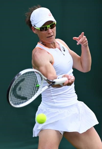 Samantha Stosur of Australia plays a forehand in her Ladies' Singles First Round match against Shelby Rogers of United States during Day Two of The...