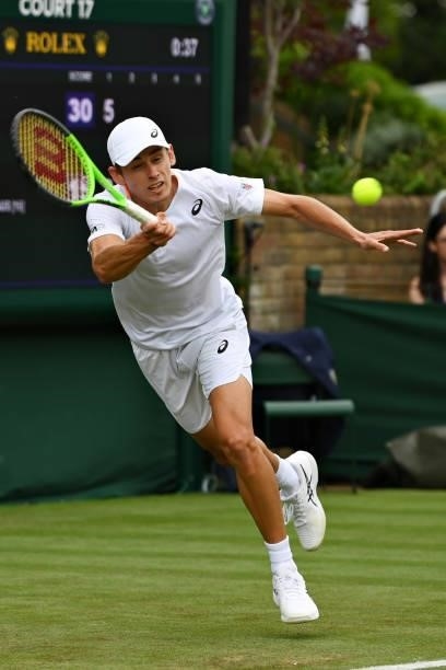 Alex de Minaur of Australia plays a forehand in his Men's Singles First Round match against Sebastian Korda of United States during Day Two of The...