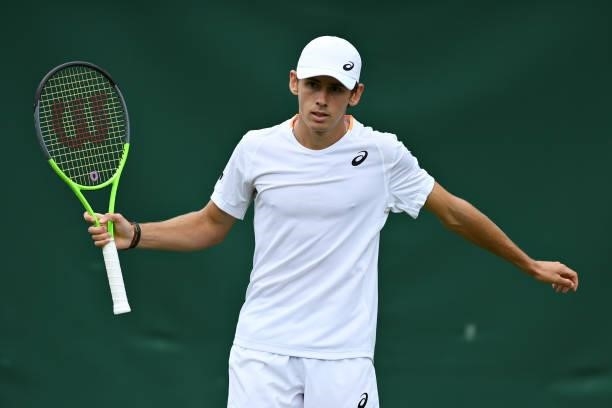 Alex de Minaur of Australia reacts in his Men's Singles First Round match against Sebastian Korda of United States during Day Two of The...