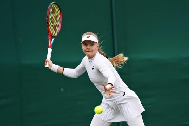 Harriet Dart of Great Britain plays a forehand in her Ladies' Singles First Round match against Elise Mertens of Belgium during Day Two of The...