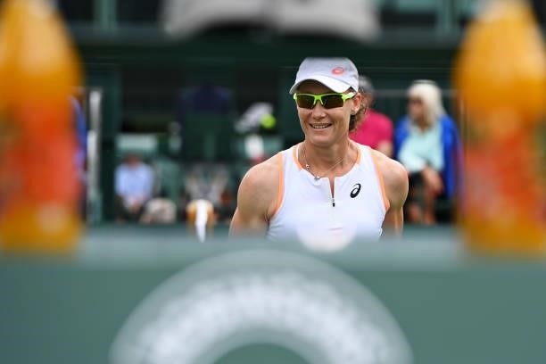 Samantha Stosur of Australia looks on in her Ladies' Singles First Round match against Shelby Rogers of United States during Day Two of The...