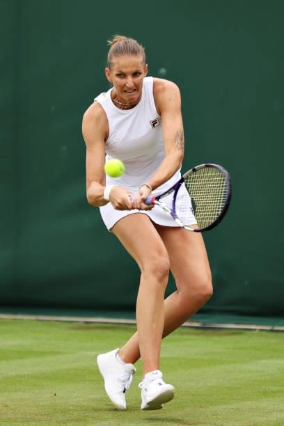 Karolina Pliskova of Czech Republic plays a backhand in her Ladies' Singles First Round match against Tamara Zidansek of Slovenia during Day Two of...