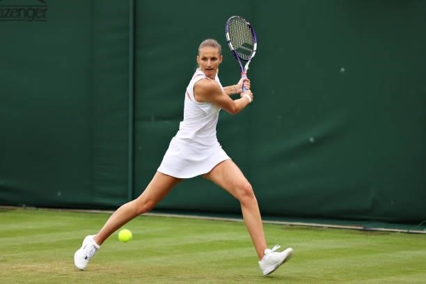 Karolina Pliskova of Czech Republic plays a backhand in her Ladies' Singles First Round match against Tamara Zidansek of Slovenia during Day Two of...