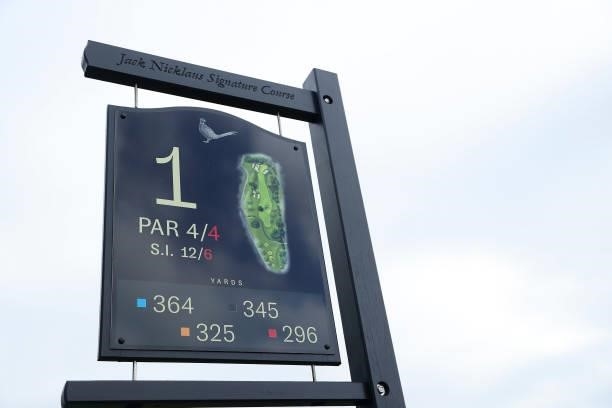 The first hole yardage sign is pictured ahead of the Dubai Duty Free Irish Open at Mount Juliet Golf Club on June 29, 2021 in Thomastown, Ireland.