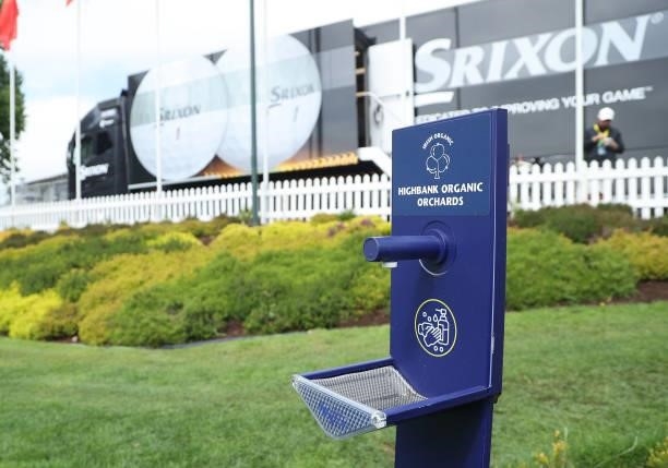 Hand sanitizing station is pictured ahead of the Dubai Duty Free Irish Open at Mount Juliet Golf Club on June 29, 2021 in Thomastown, Ireland.