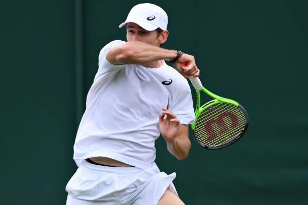 Alex de Minaur of Australia plays a forehand in his Men's Singles First Round match against Sebastian Korda of United States during Day Two of The...