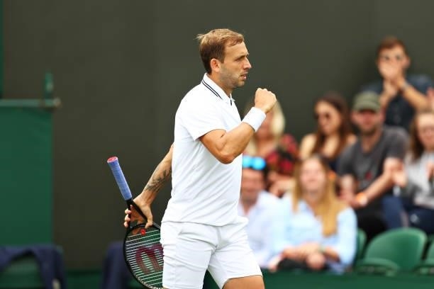 Daniel Evans of Great Britain celebrates after winning a point in his Men's Singles First Round match against Feliciano Lopez of Spain during Day Two...
