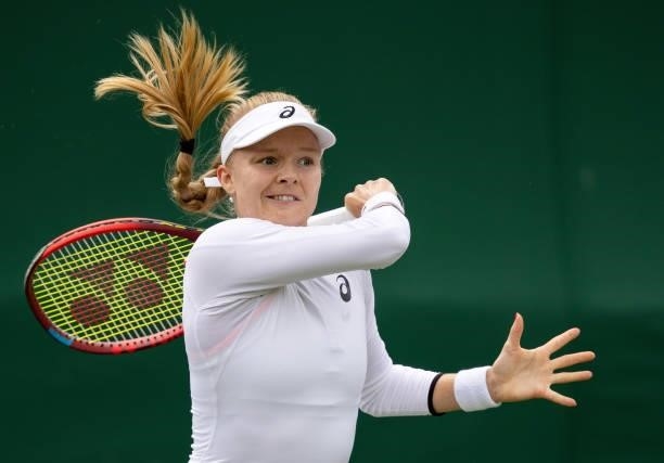 Harriet Dart of Great Britain plays a forehand in her Ladies' Singles First Round match against Elise Mertens of Belgium during Day Two of The...