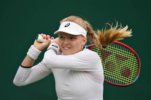 Harriet Dart of Great Britain plays a backhand in her Ladies' Singles First Round match against Elise Mertens of Belgium during Day Two of The...