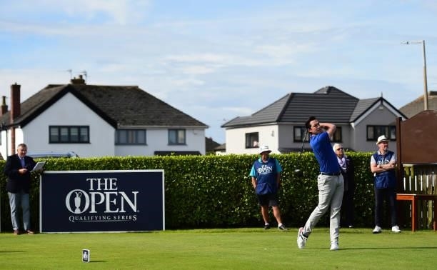 James Robinson of England plays his tee shot on the 1st hole during Final Qualifying for the 149th Open at St Annes Old Links Golf Club on June 29,...