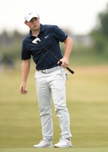 Alex Fitzpatrick of England reacts to his putt on the 4th hole during Final Qualifying for the 149th Open at St Annes Old Links Golf Club on June 29,...